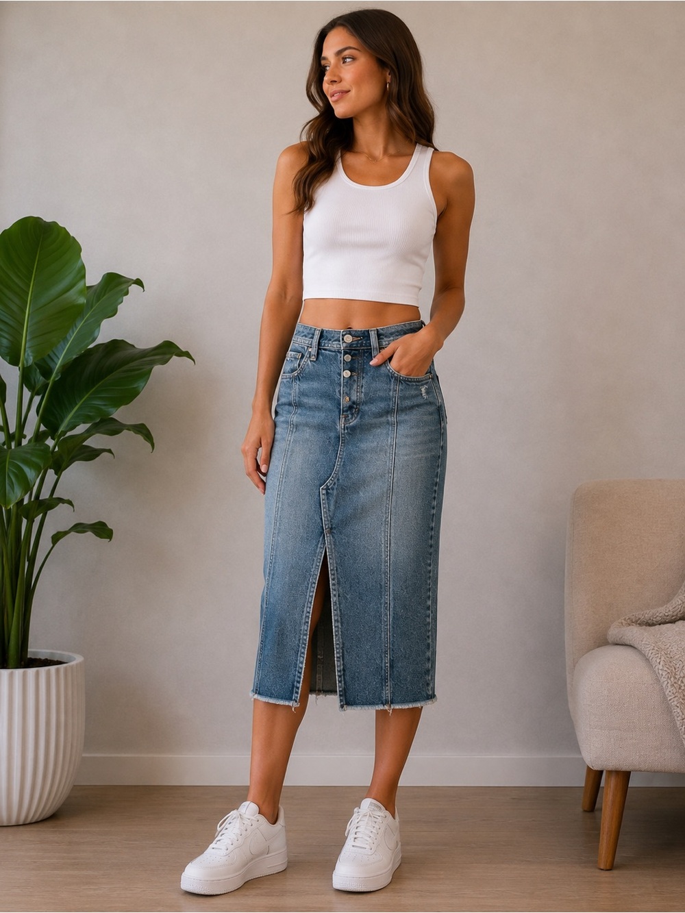 We The Free Medium Wash Denim Pencil Skirt with Front Slit